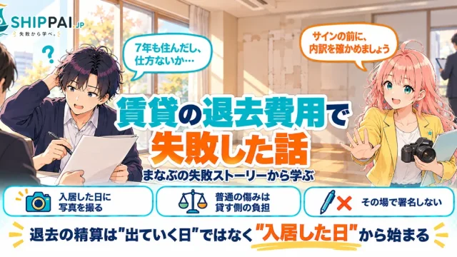 賃貸の退去費用で失敗した話を紹介するSHIPPAI.JPの記事アイキャッチ。まなぶとみらいのイラスト付き