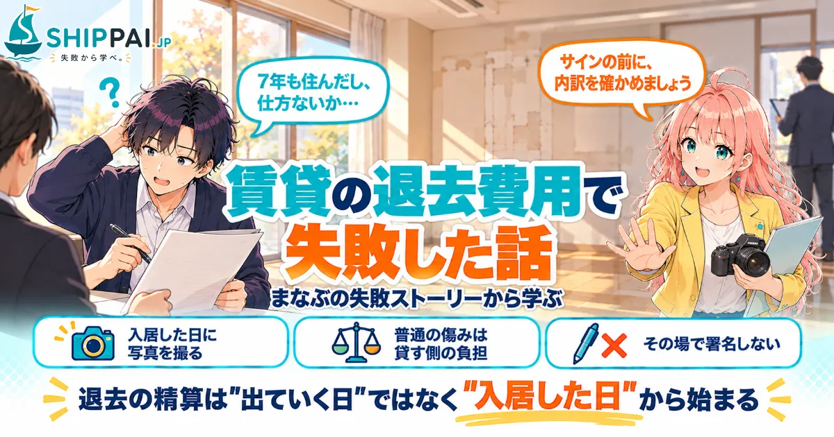 賃貸の退去費用で失敗した話を紹介するSHIPPAI.JPの記事アイキャッチ。まなぶとみらいのイラスト付き
