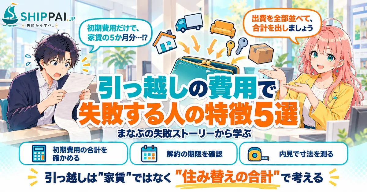 引っ越しの費用で失敗する人の特徴5選を紹介するSHIPPAI.JPの記事アイキャッチ。まなぶとみらいのイラスト付き