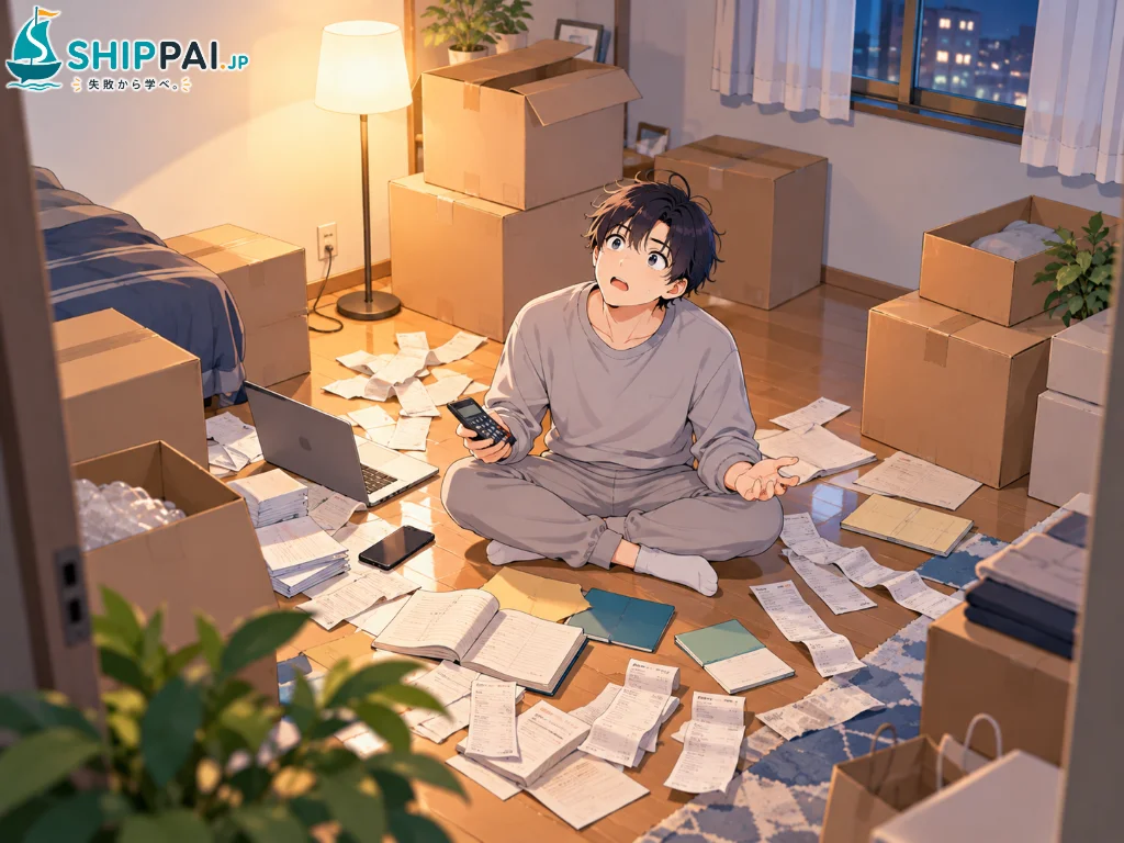 引っ越したばかりの段ボールだらけの部屋で、レシートと通帳を広げ、電卓を手に引っ越しの出費の合計にぼう然とするまなぶのイラスト