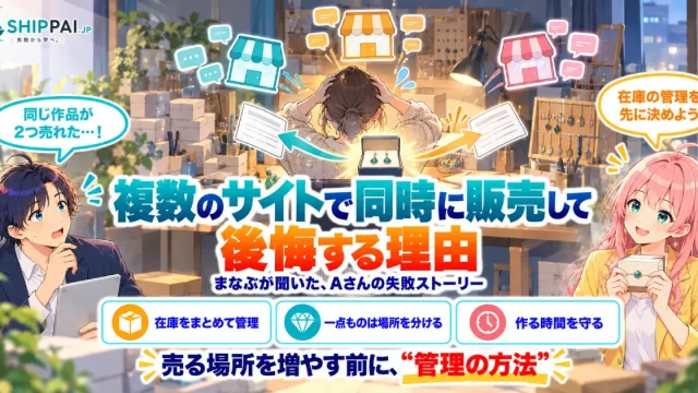 複数のサイトで同時に販売して後悔する理由を紹介するSHIPPAI.JPの記事アイキャッチ。まなぶとみらいのイラスト付き