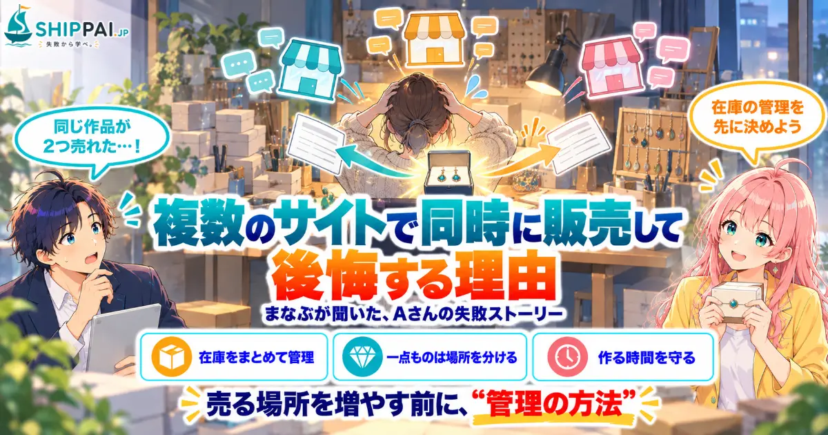 複数のサイトで同時に販売して後悔する理由を紹介するSHIPPAI.JPの記事アイキャッチ。まなぶとみらいのイラスト付き