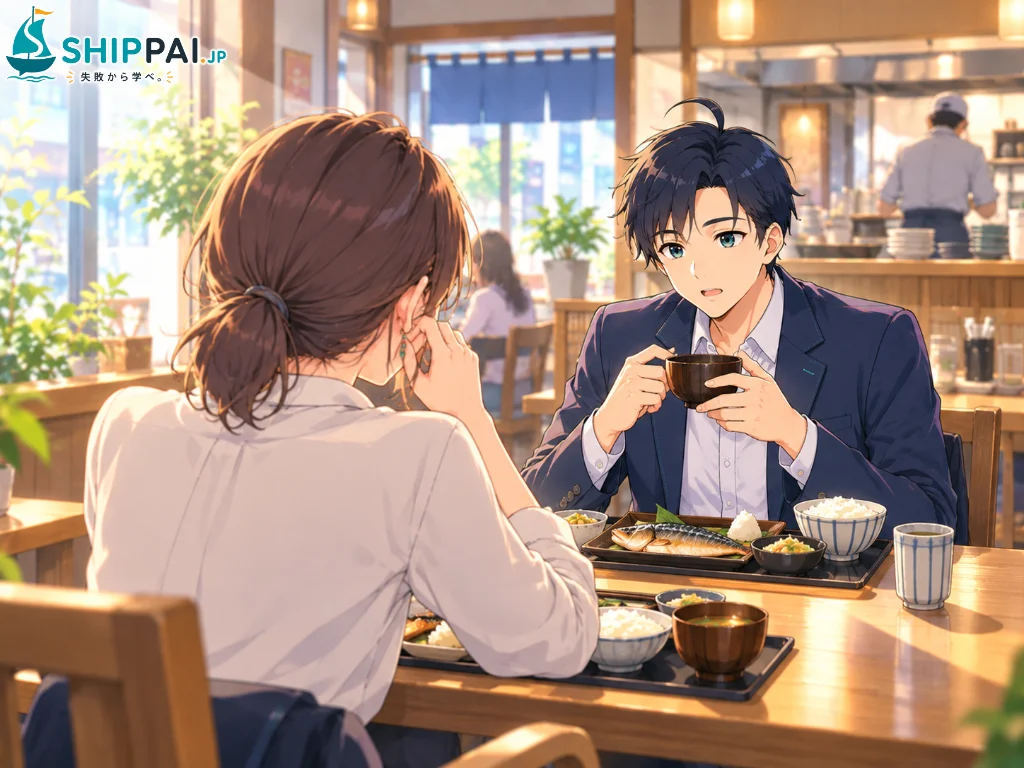 昼休みの定食屋で、会社の先輩のAさんから複数のサイトでの販売の失敗談を聞くまなぶのイラスト