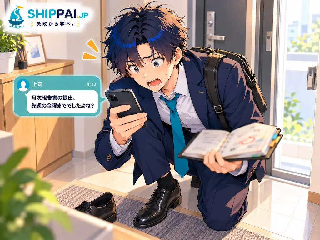 出勤前の玄関で、上司からのチャットで締め切りを過ぎていたことに気づき、手帳とスマホを手に凍りつくまなぶのイラスト