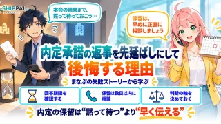 内定承諾の返事を先延ばしにして後悔する理由を紹介するSHIPPAI.JPの記事アイキャッチ。まなぶとみらいのイラスト付き