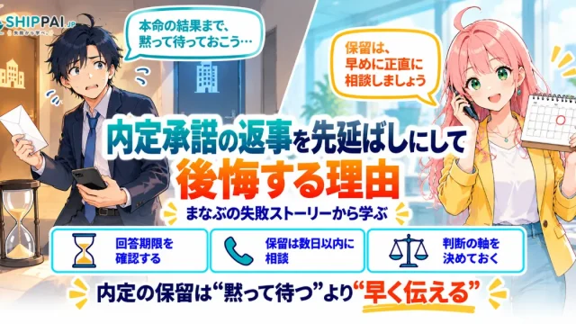 内定承諾の返事を先延ばしにして後悔する理由を紹介するSHIPPAI.JPの記事アイキャッチ。まなぶとみらいのイラスト付き