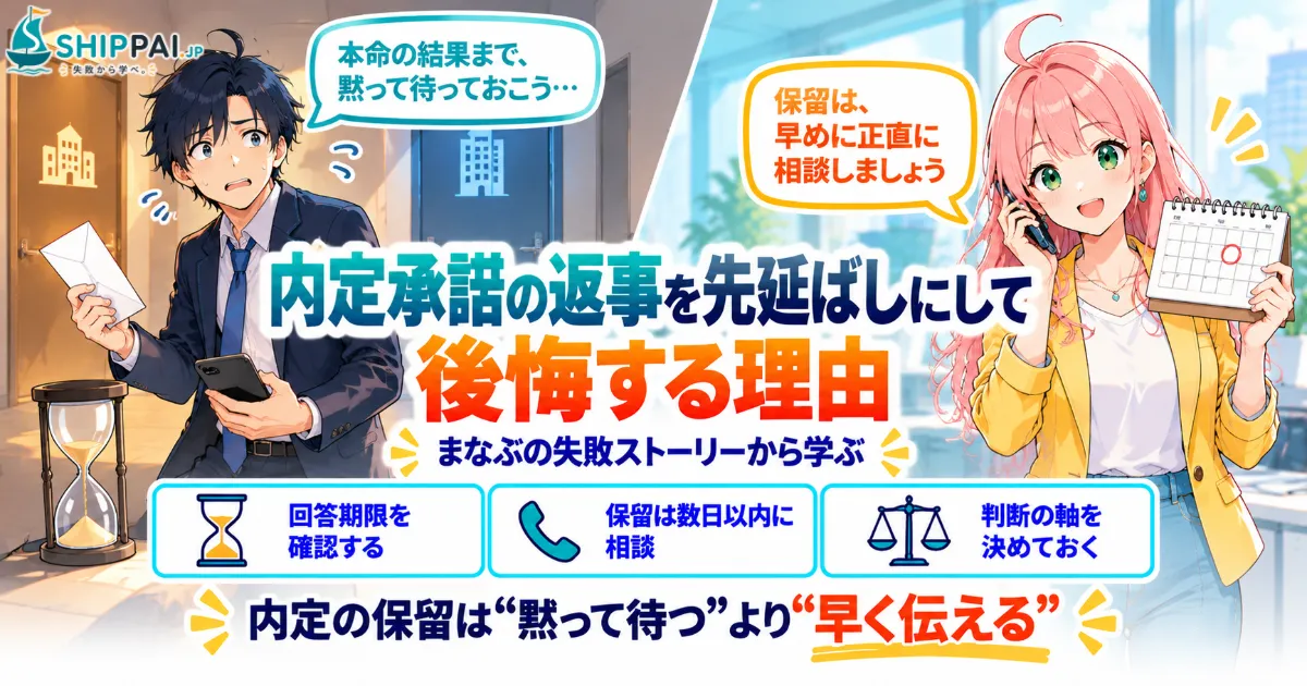 内定承諾の返事を先延ばしにして後悔する理由を紹介するSHIPPAI.JPの記事アイキャッチ。まなぶとみらいのイラスト付き