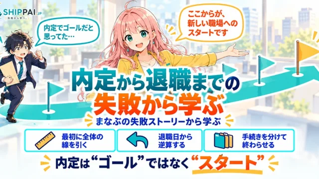 内定から退職までの失敗から学ぶを紹介するSHIPPAI.JPの記事アイキャッチ。まなぶとみらいのイラスト付き