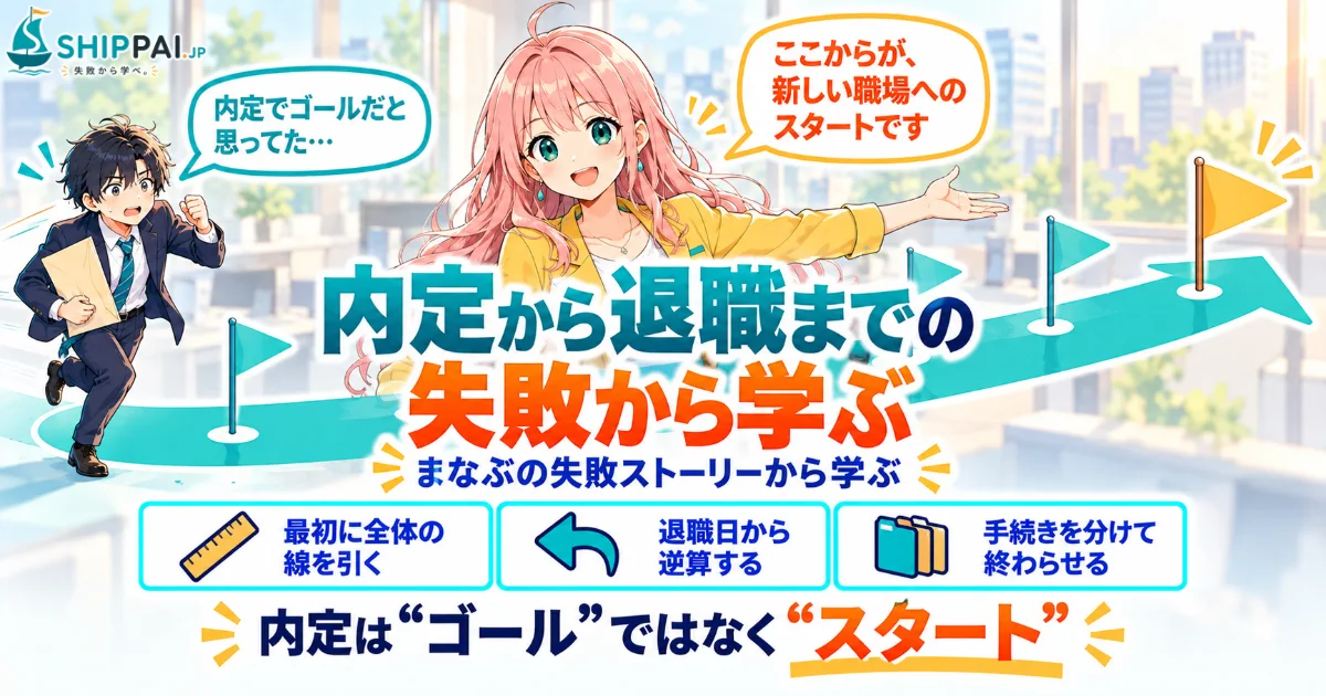 内定から退職までの失敗から学ぶを紹介するSHIPPAI.JPの記事アイキャッチ。まなぶとみらいのイラスト付き