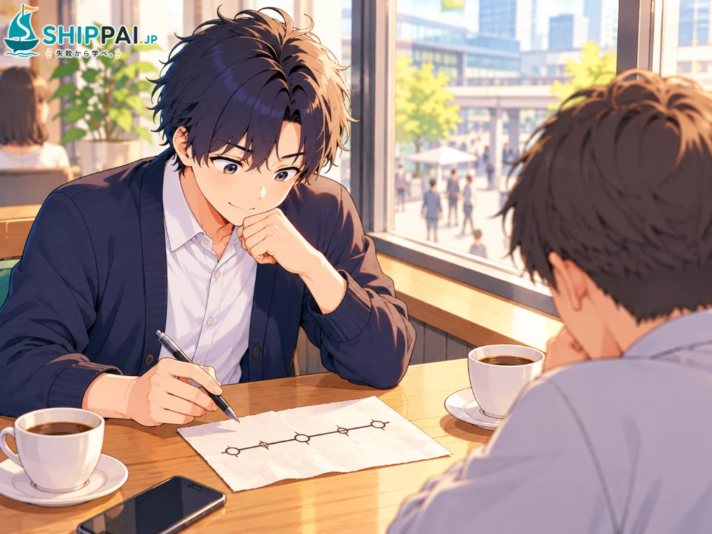 駅前のカフェで、内定をもらった後輩に紙ナプキンへ入社までの線を描いて説明しながら、自分の失敗の共通点に気づくまなぶのイラスト