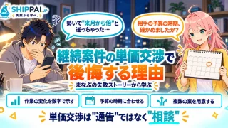 継続案件の単価交渉で後悔する理由を紹介するSHIPPAI.JPの記事アイキャッチ。まなぶとみらいのイラスト付き