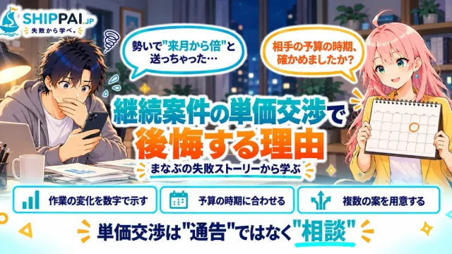 継続案件の単価交渉で後悔する理由を紹介するSHIPPAI.JPの記事アイキャッチ。まなぶとみらいのイラスト付き