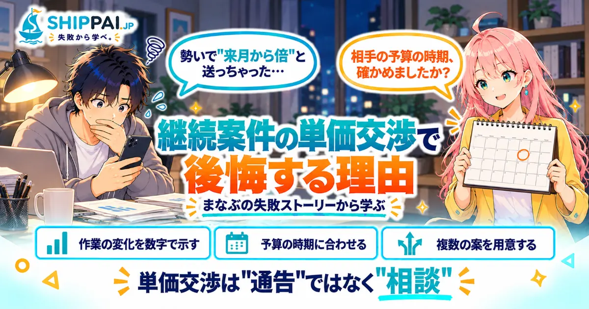 継続案件の単価交渉で後悔する理由を紹介するSHIPPAI.JPの記事アイキャッチ。まなぶとみらいのイラスト付き