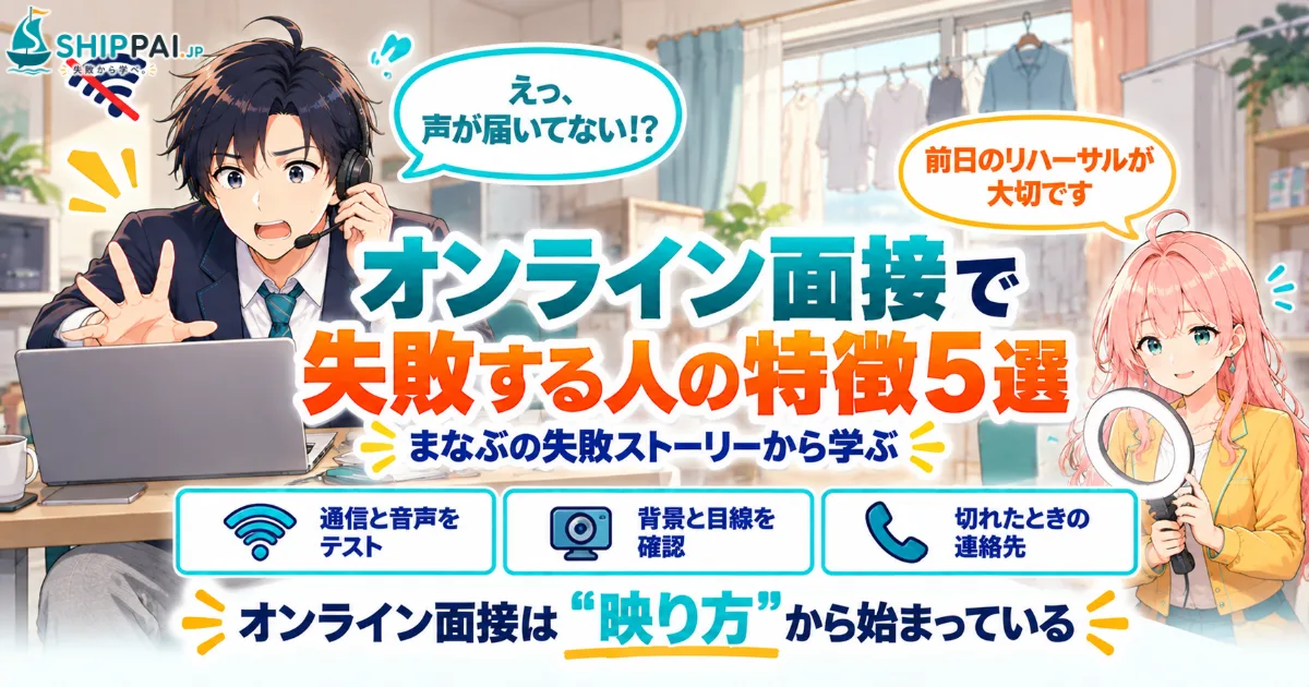 オンライン面接で失敗する人の特徴5選を紹介するSHIPPAI.JPの記事アイキャッチ。まなぶとみらいのイラスト付き