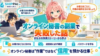 オンライン秘書の副業で失敗した話を紹介するSHIPPAI.JPの記事アイキャッチ。まなぶとみらいのイラスト付き