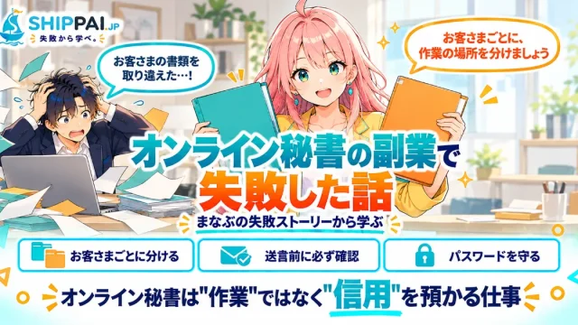 オンライン秘書の副業で失敗した話を紹介するSHIPPAI.JPの記事アイキャッチ。まなぶとみらいのイラスト付き