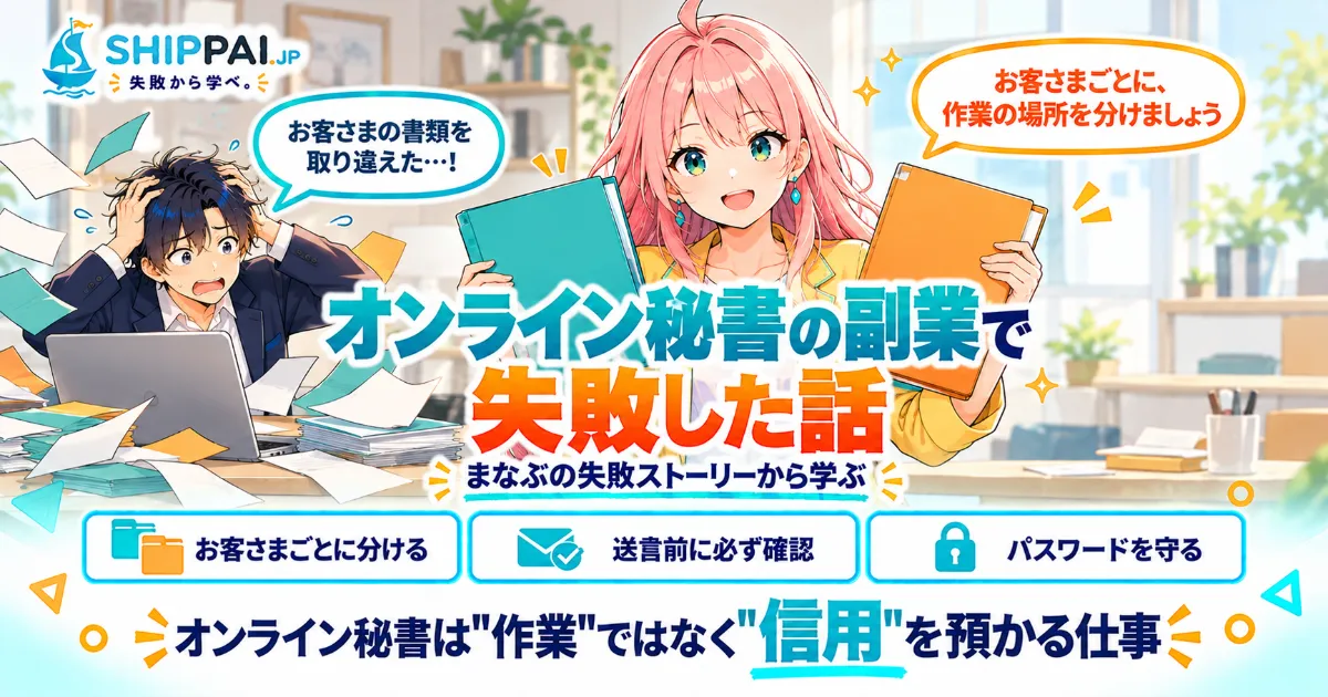 オンライン秘書の副業で失敗した話を紹介するSHIPPAI.JPの記事アイキャッチ。まなぶとみらいのイラスト付き