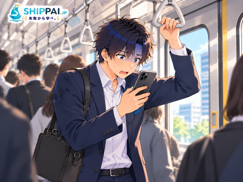 朝の通勤電車の中で、スマートフォンのメッセージを読んで青ざめるまなぶのイラスト