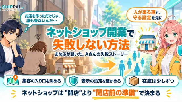 ネットショップ開業で失敗しない方法を紹介するSHIPPAI.JPの記事アイキャッチ。まなぶとみらいのイラスト付き