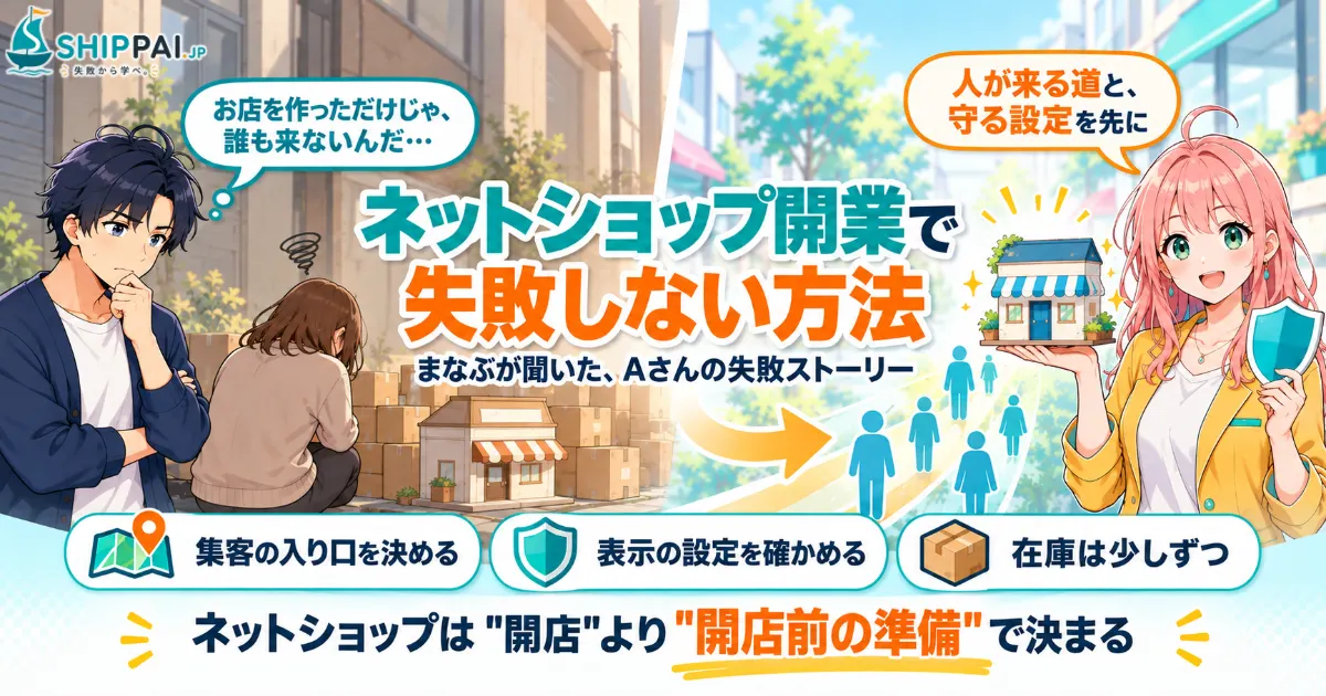 ネットショップ開業で失敗しない方法を紹介するSHIPPAI.JPの記事アイキャッチ。まなぶとみらいのイラスト付き