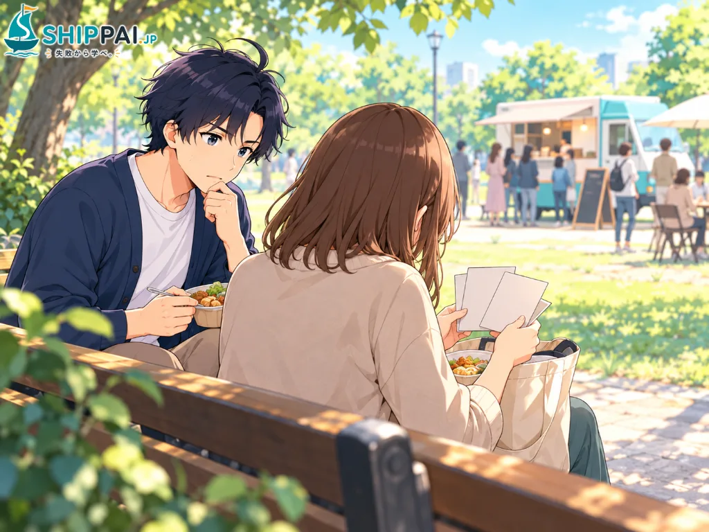 公園のベンチで、自分のネットショップを開いて注文が減ってしまった友人のAさんの話を、真剣に聞くまなぶのイラスト