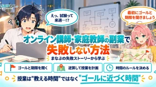 オンライン講師・家庭教師の副業で失敗しない方法を紹介するSHIPPAI.JPの記事アイキャッチ。まなぶとみらいのイラスト付き