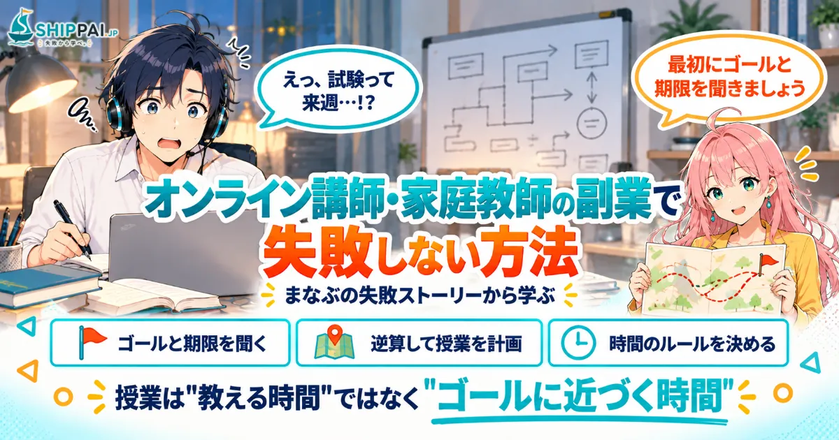 オンライン講師・家庭教師の副業で失敗しない方法を紹介するSHIPPAI.JPの記事アイキャッチ。まなぶとみらいのイラスト付き