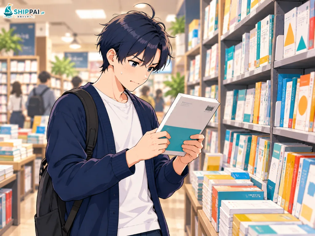週末の書店の資格試験コーナーで、問題集を手に取り後悔の表情を浮かべるまなぶのイラスト