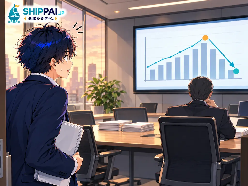 夕方の会議室で、AIツールの利用者が大きく減ったグラフを見て言葉を失うまなぶのイラスト