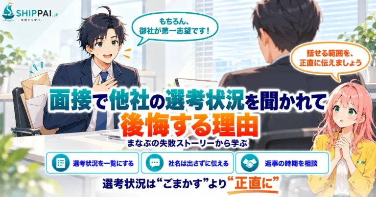 面接で他社の選考状況を聞かれて後悔する理由を紹介するSHIPPAI.JPの記事アイキャッチ。まなぶとみらいのイラスト付き