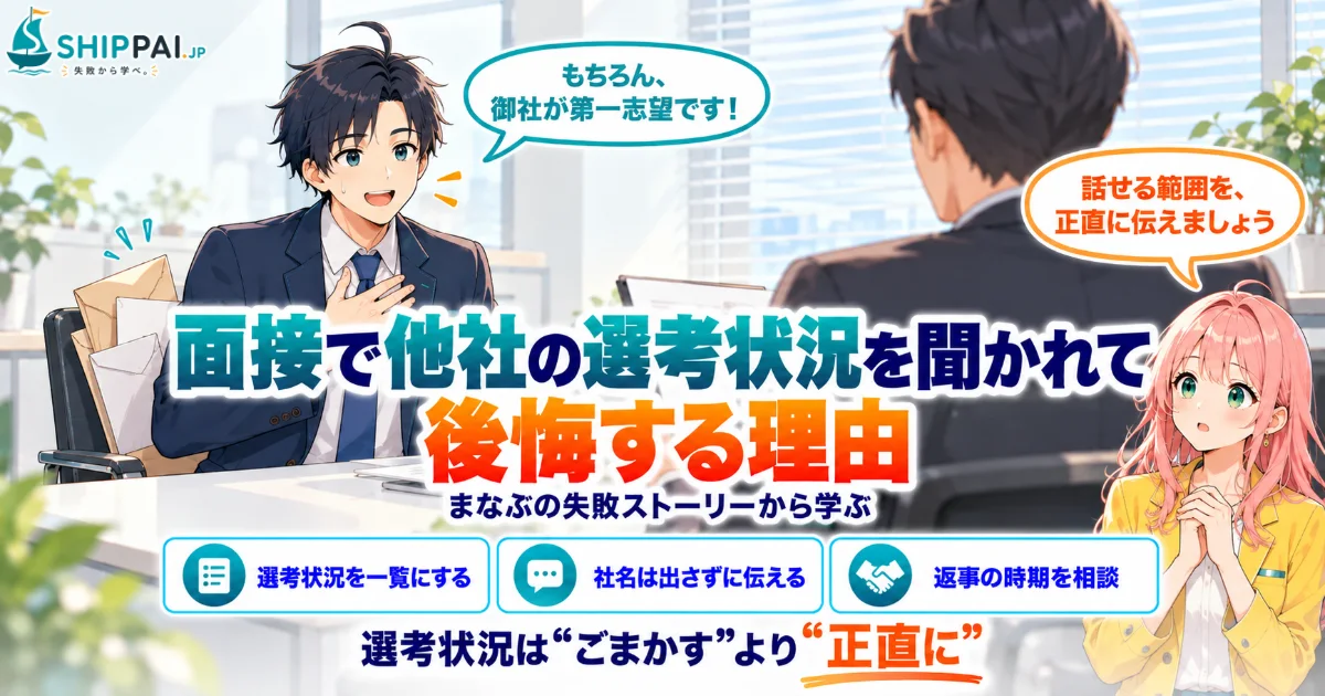 面接で他社の選考状況を聞かれて後悔する理由を紹介するSHIPPAI.JPの記事アイキャッチ。まなぶとみらいのイラスト付き