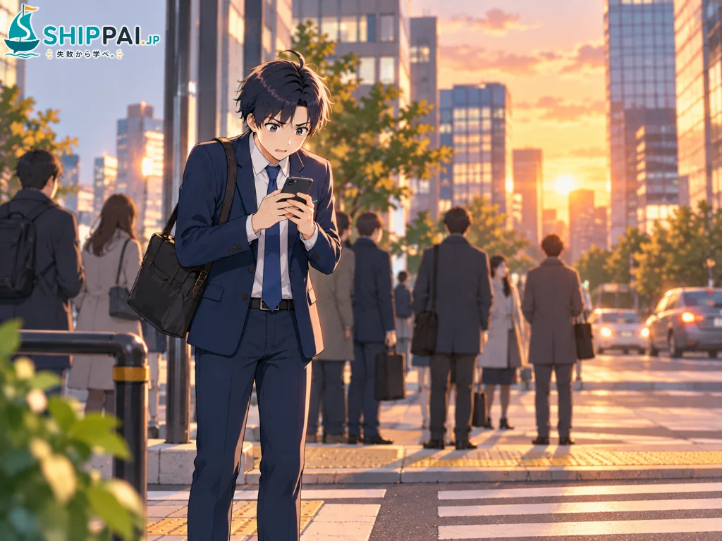 夕方の交差点で、内定の返事を急かすメールを見てスマホを握りしめるまなぶのイラスト