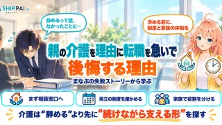 親の介護を理由に転職を急いで後悔する理由を紹介するSHIPPAI.JPの記事アイキャッチ。まなぶとみらいのイラスト付き