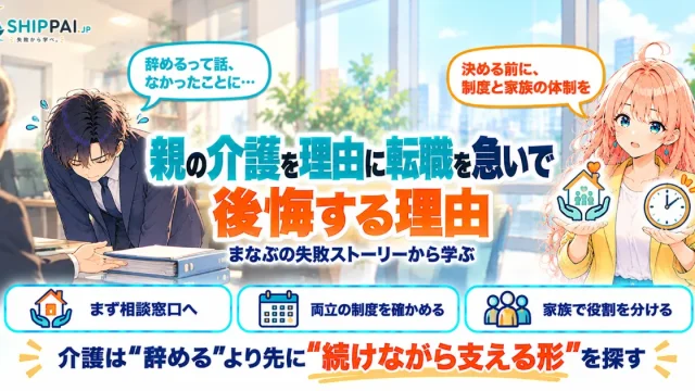 親の介護を理由に転職を急いで後悔する理由を紹介するSHIPPAI.JPの記事アイキャッチ。まなぶとみらいのイラスト付き