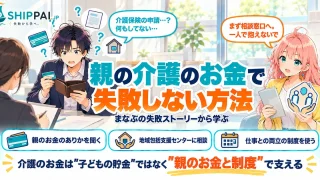 親の介護のお金で失敗しない方法を紹介するSHIPPAI.JPの記事アイキャッチ。まなぶとみらいのイラスト付き