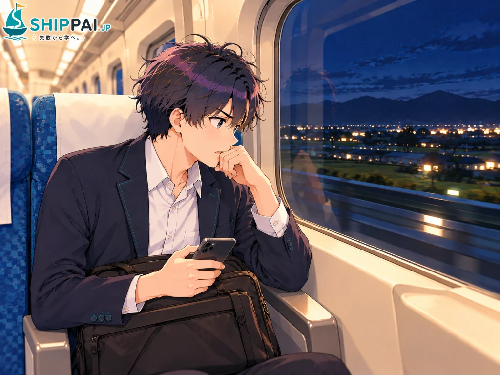 父がけがをしたと妹から連絡を受け、夜の新幹線で実家へ向かいながら、不安な表情で窓の外を見つめるまなぶのイラスト