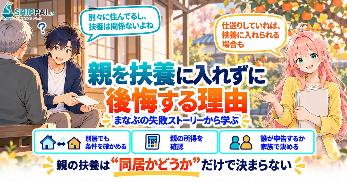 親を扶養に入れずに後悔する理由を紹介するSHIPPAI.JPの記事アイキャッチ。まなぶとみらいのイラスト付き