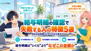 給与明細の確認で失敗する人の特徴5選を紹介するSHIPPAI.JPの記事アイキャッチ。まなぶとみらいのイラスト付き