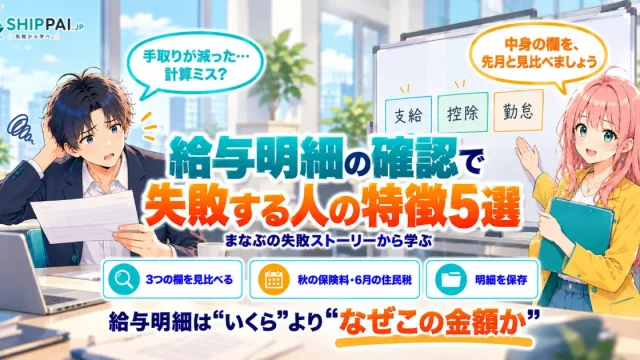給与明細の確認で失敗する人の特徴5選を紹介するSHIPPAI.JPの記事アイキャッチ。まなぶとみらいのイラスト付き