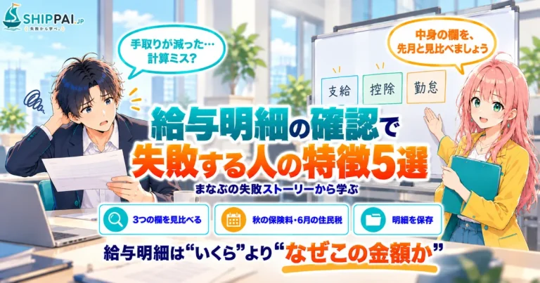 給与明細の確認で失敗する人の特徴5選を紹介するSHIPPAI.JPの記事アイキャッチ。まなぶとみらいのイラスト付き