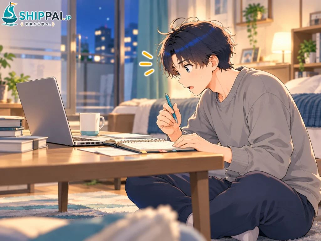 夜の部屋で手帳と給与明細を見比べ、残業代のもれに気づいてハッとするまなぶのイラスト