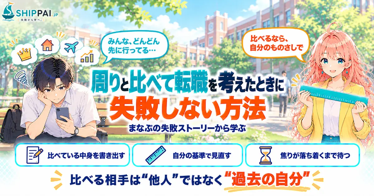 周りと比べて転職を考えたときに失敗しない方法を紹介するSHIPPAI.JPの記事アイキャッチ。まなぶとみらいのイラスト付き