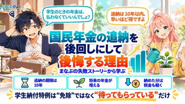 国民年金の追納を後回しにして後悔する理由を紹介するSHIPPAI.JPの記事アイキャッチ。まなぶとみらいのイラスト付き