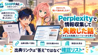 Perplexityで情報収集して失敗した話を紹介するSHIPPAI.JPの記事アイキャッチ。まなぶとみらいのイラスト付き