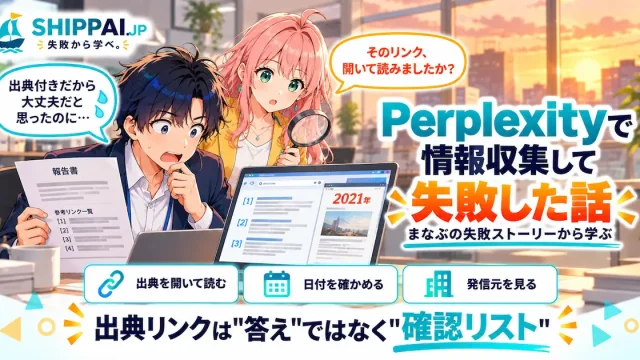 Perplexityで情報収集して失敗した話を紹介するSHIPPAI.JPの記事アイキャッチ。まなぶとみらいのイラスト付き
