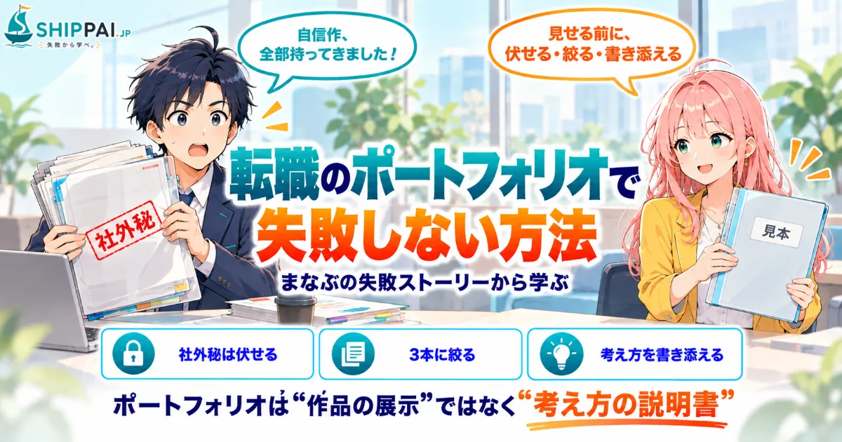 転職のポートフォリオで失敗しない方法を紹介するSHIPPAI.JPの記事アイキャッチ。まなぶとみらいのイラスト付き