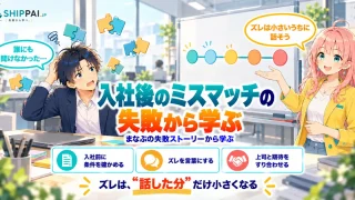 入社後のミスマッチの失敗から学ぶポイントを紹介するSHIPPAI.JPの記事アイキャッチ。まなぶとみらいのイラスト付き