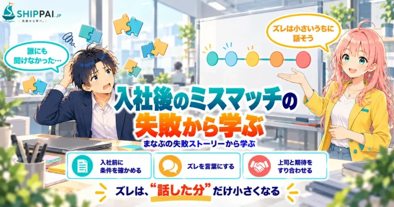 入社後のミスマッチの失敗から学ぶポイントを紹介するSHIPPAI.JPの記事アイキャッチ。まなぶとみらいのイラスト付き