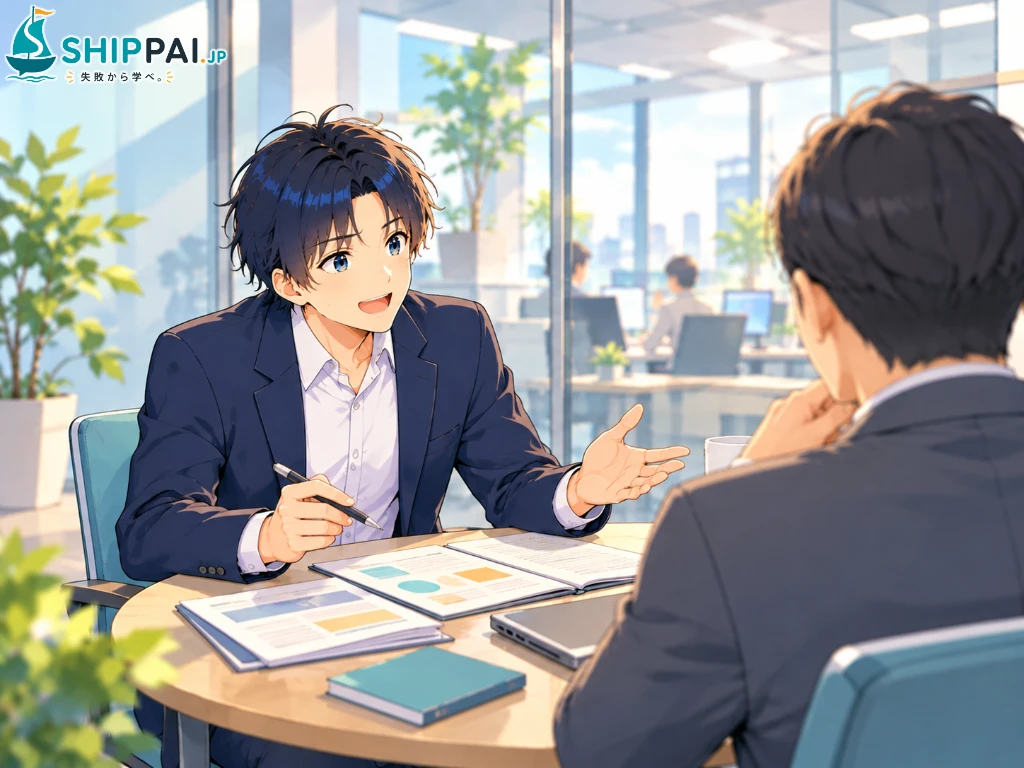 オフィスの打ち合わせスペースで、目標シートを前に上司と期待をすり合わせるまなぶのイラスト