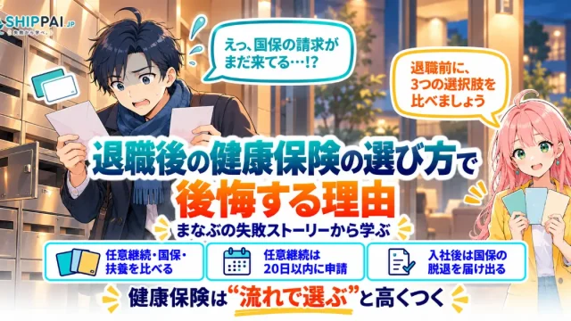 退職後の健康保険の選び方で後悔する理由を紹介するSHIPPAI.JPの記事アイキャッチ。まなぶとみらいのイラスト付き